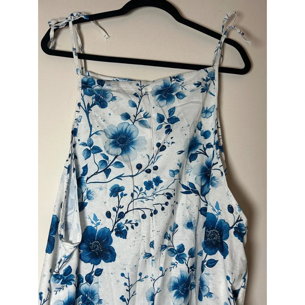 Womens Floral Jumpsuit Overalls Blue White Print Wide Leg Tie Strap Size‎ XXL - Picture 2 of 5